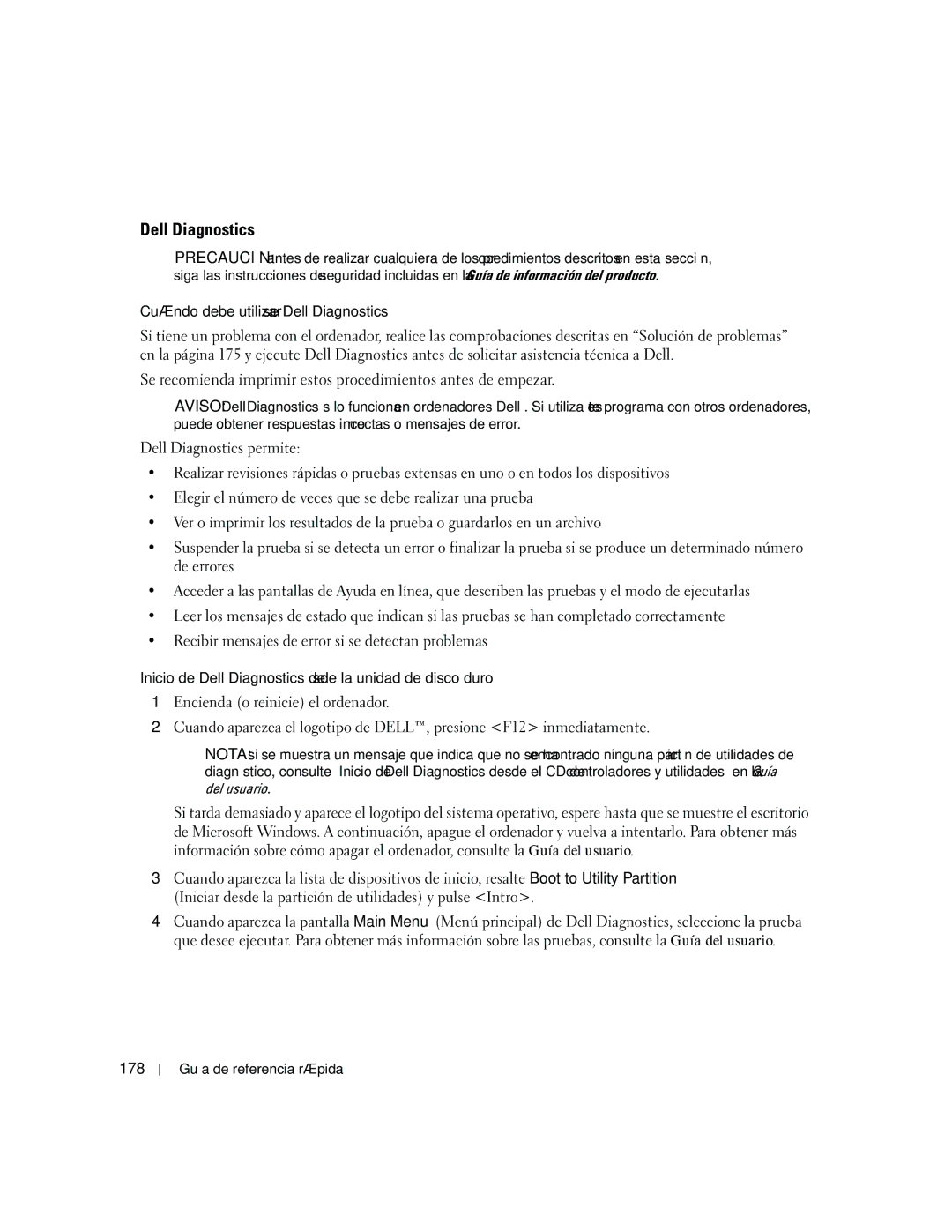 Dell ND224 manual Cuándo debe utilizarse Dell Diagnostics, Inicio de Dell Diagnostics desde la unidad de disco duro, 178 