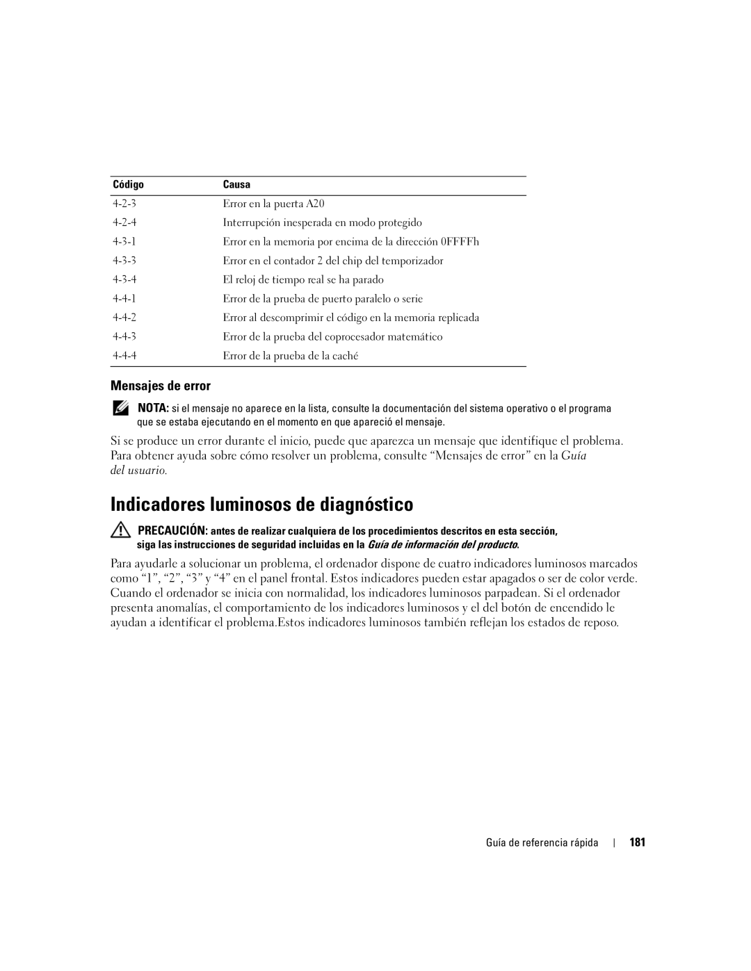 Dell ND224 manual Indicadores luminosos de diagnóstico, Mensajes de error, Del usuario, 181 