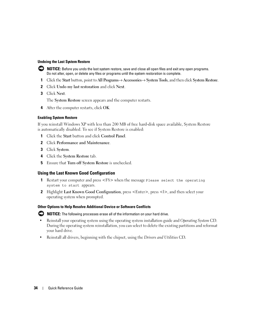 Dell ND224 manual Using the Last Known Good Configuration, Undoing the Last System Restore, Enabling System Restore 