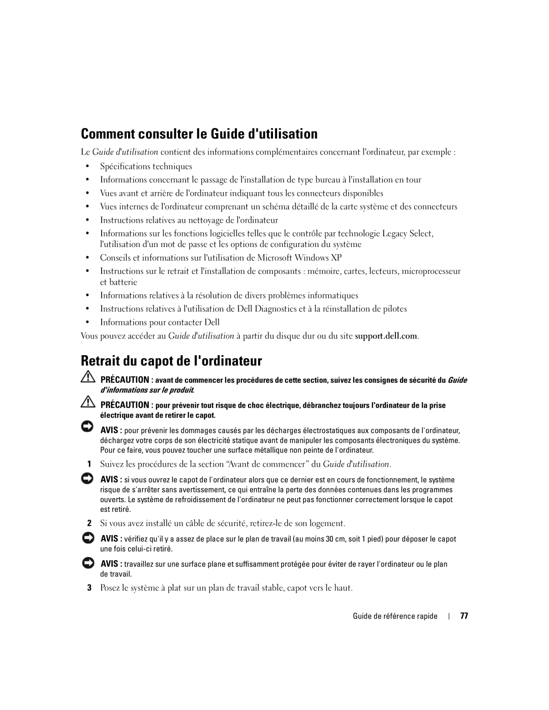 Dell ND224 manual Comment consulter le Guide dutilisation, Retrait du capot de lordinateur 