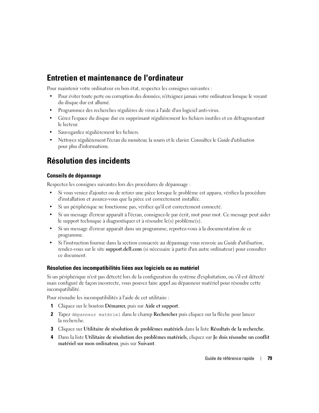 Dell ND224 manual Entretien et maintenance de lordinateur, Résolution des incidents, Conseils de dépannage 