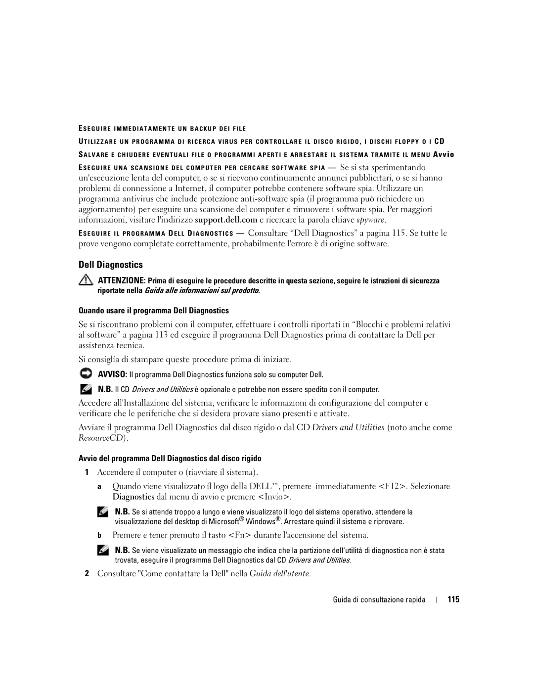 Dell ND243 manual Quando usare il programma Dell Diagnostics, Avvio del programma Dell Diagnostics dal disco rigido, 115 