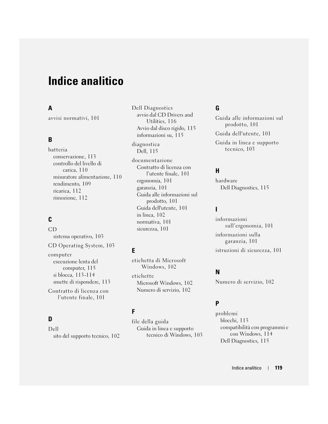 Dell ND243 manual 119, Indice analitico 
