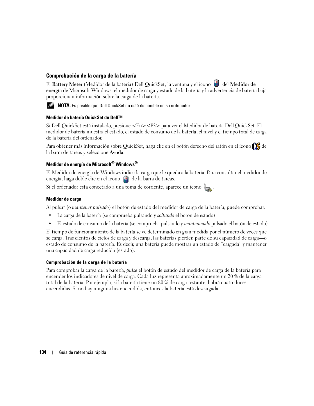 Dell ND243 manual Comprobación de la carga de la batería, Medidor de batería QuickSet de Dell, Medidor de carga, 134 