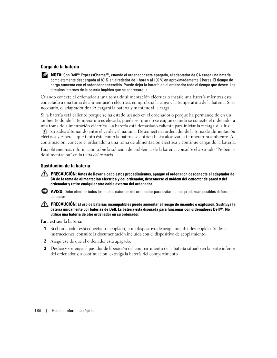 Dell ND243 manual Carga de la batería, Sustitución de la batería, 136 