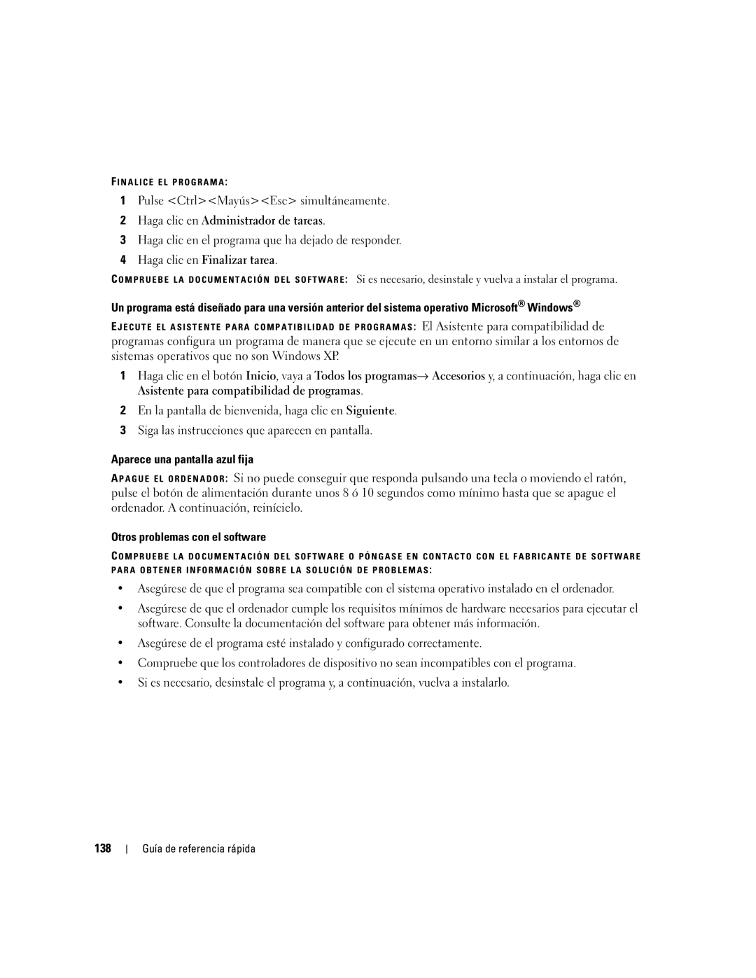 Dell ND243 manual Haga clic en Administrador de tareas, Haga clic en Finalizar tarea, Aparece una pantalla azul fija, 138 