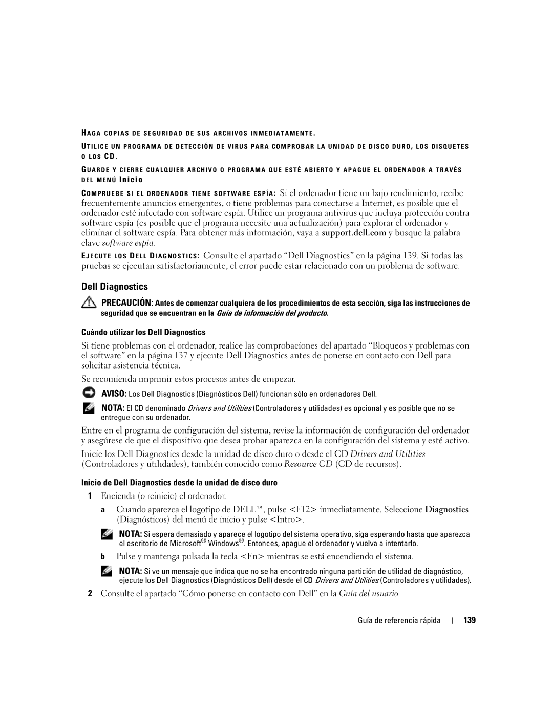 Dell ND243 manual Cuándo utilizar los Dell Diagnostics, Inicio de Dell Diagnostics desde la unidad de disco duro, 139 