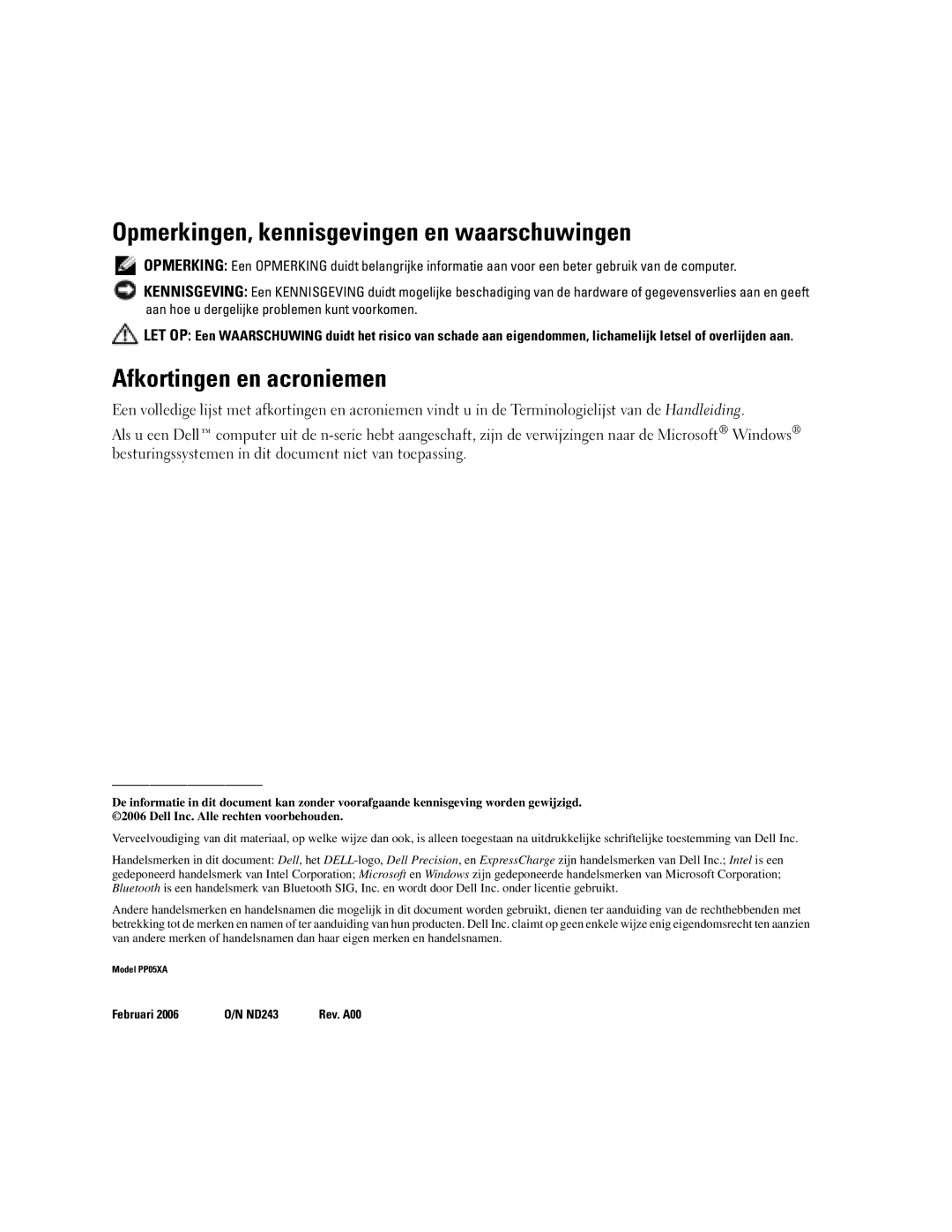 Dell ND243 manual Opmerkingen, kennisgevingen en waarschuwingen, Afkortingen en acroniemen 