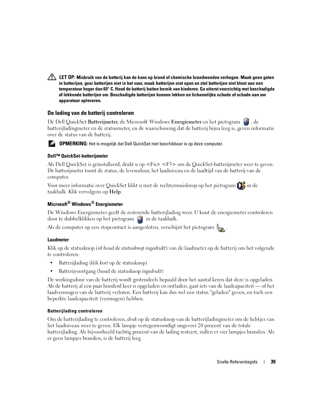 Dell ND243 De lading van de batterij controleren, Dell QuickSet-batterijmeter, Microsoft Windows Energiemeter, Laadmeter 