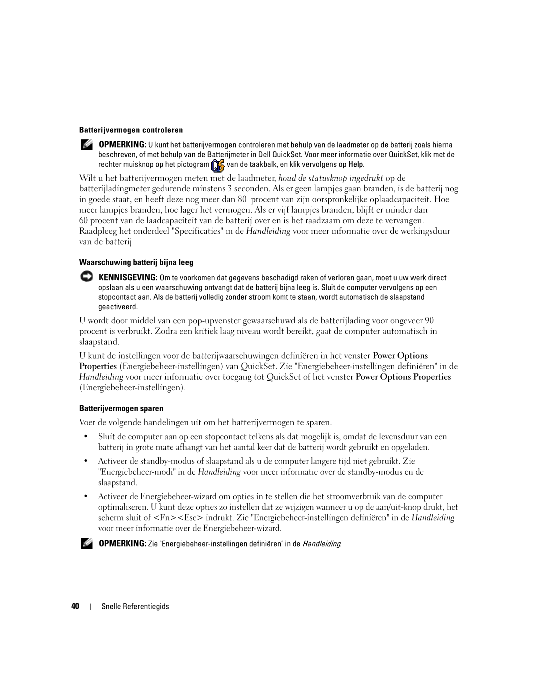 Dell ND243 manual Waarschuwing batterij bijna leeg, Batterijvermogen sparen, Batterijvermogen controleren 