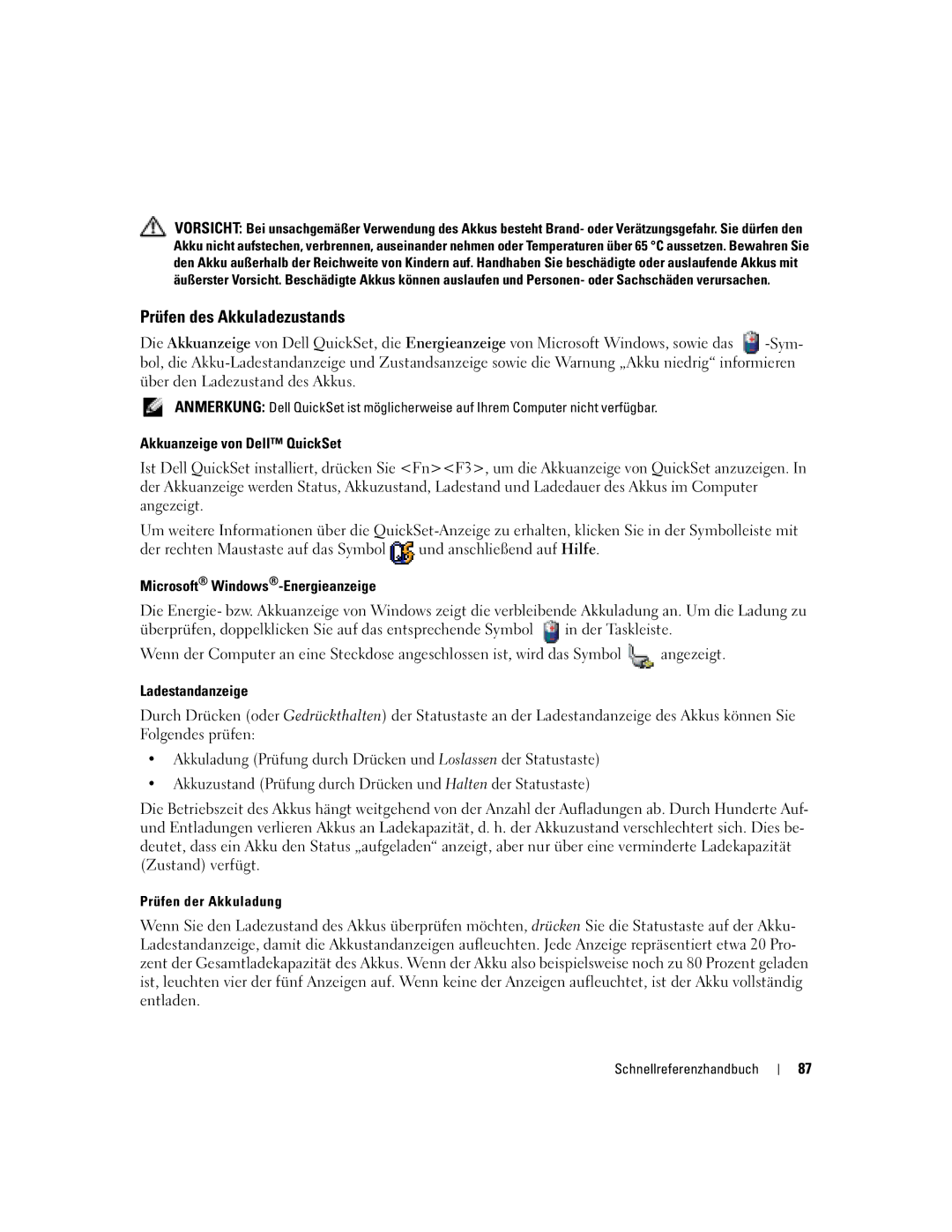 Dell ND243 Prüfen des Akkuladezustands, Akkuanzeige von Dell QuickSet, Microsoft Windows-Energieanzeige, Ladestandanzeige 