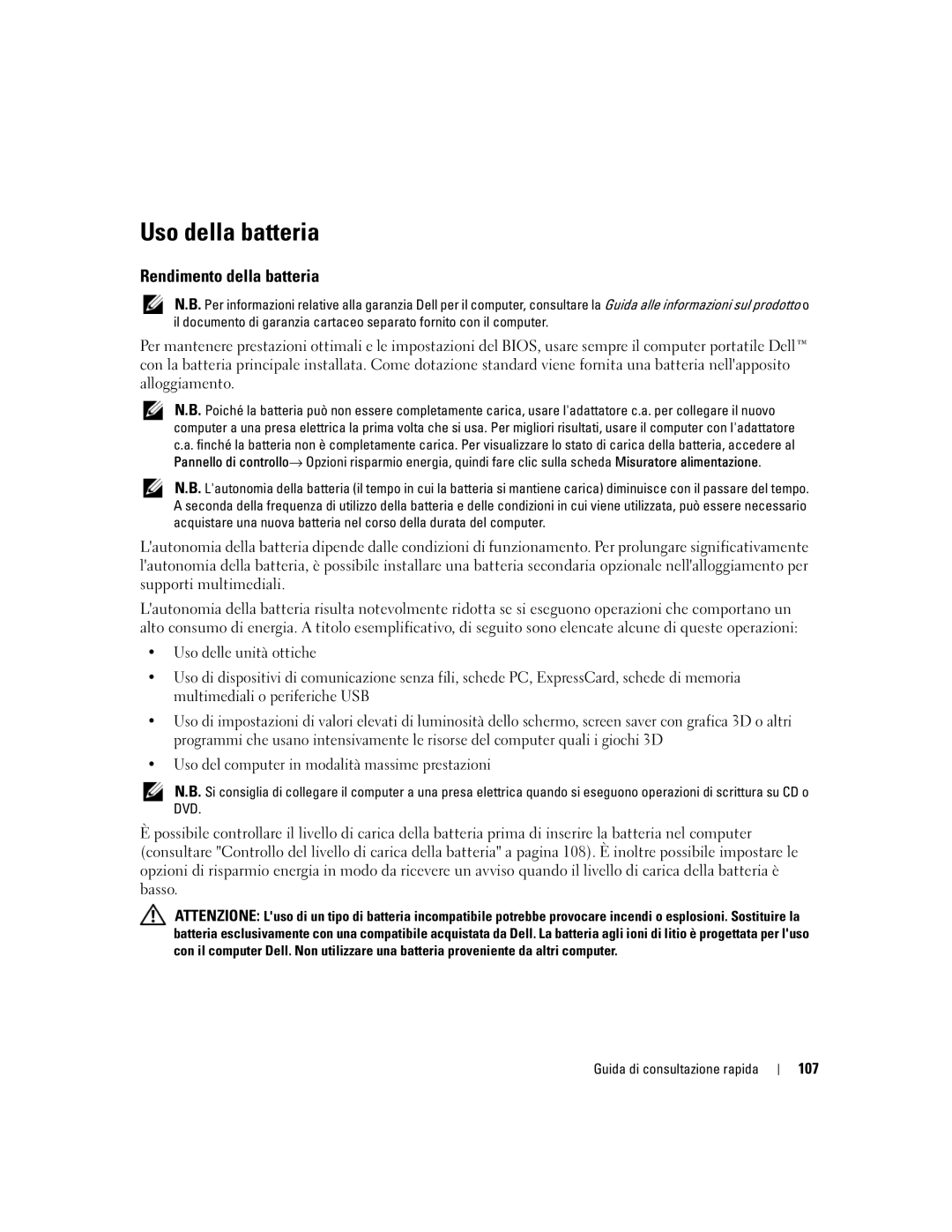 Dell ND492 manual Uso della batteria, Rendimento della batteria, 107 