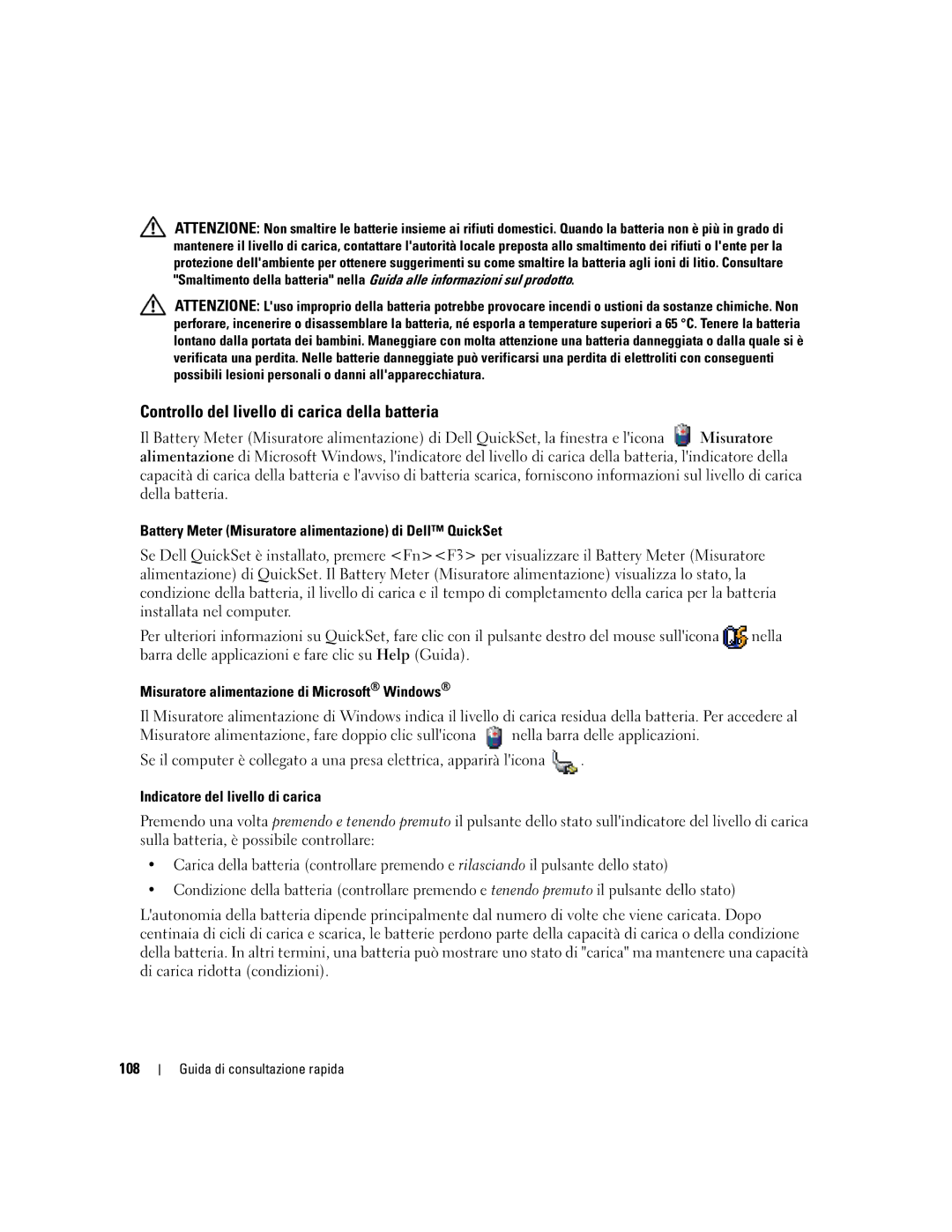 Dell ND492 Controllo del livello di carica della batteria, Battery Meter Misuratore alimentazione di Dell QuickSet, 108 