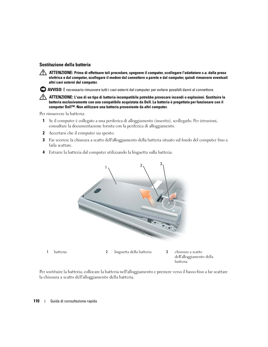 Dell ND492 manual Sostituzione della batteria, 110 