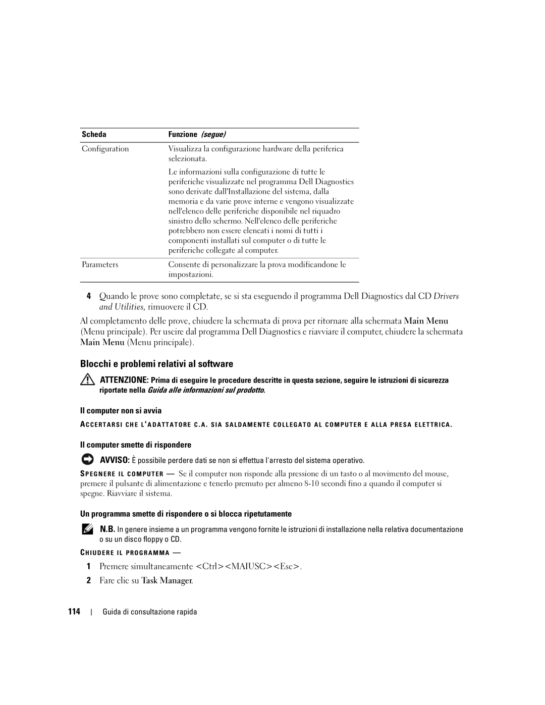 Dell ND492 manual Blocchi e problemi relativi al software, Il computer non si avvia, Il computer smette di rispondere, 114 