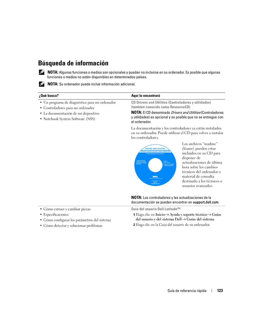Dell ND492 manual Búsqueda de información, 123, CD Drivers and Utilities Controladores y utilidades 
