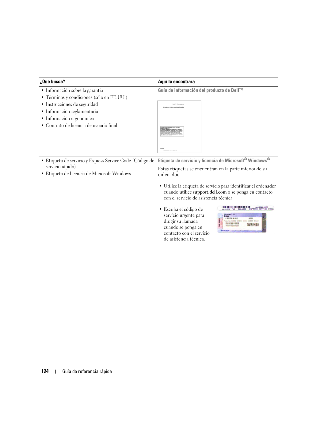 Dell ND492 manual 124, Guía de información del producto de Dell, Etiqueta de servicio y licencia de Microsoft Windows 