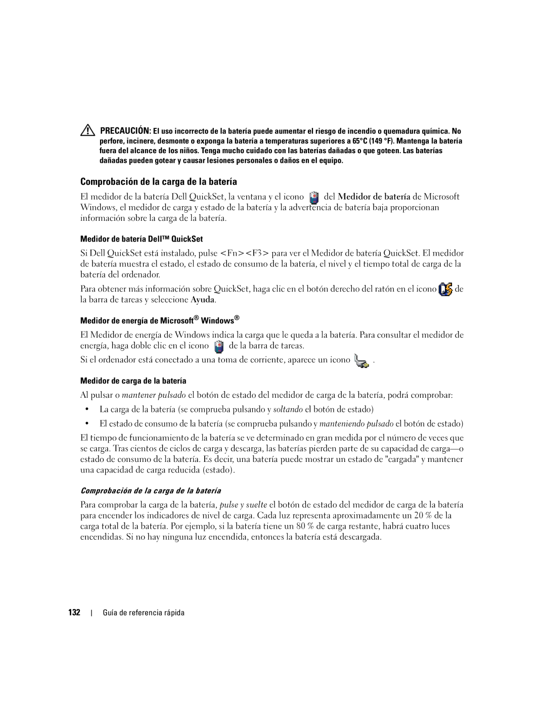 Dell ND492 Comprobación de la carga de la batería, Medidor de batería Dell QuickSet, Medidor de carga de la batería, 132 