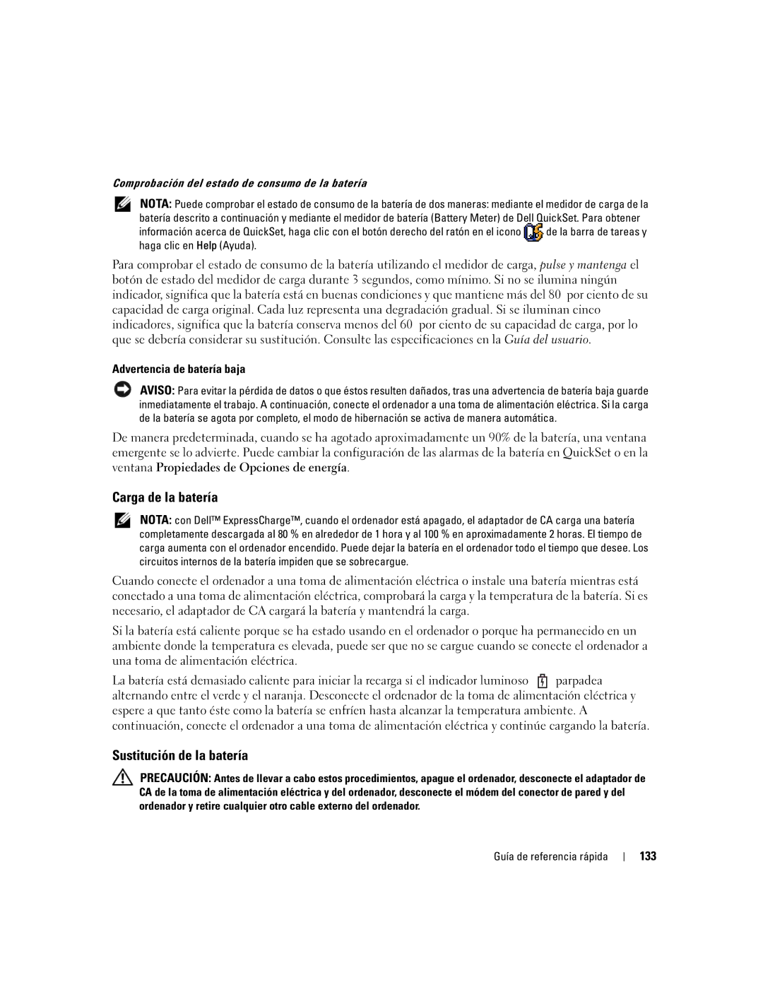 Dell ND492 manual Carga de la batería, Sustitución de la batería, Advertencia de batería baja, 133 