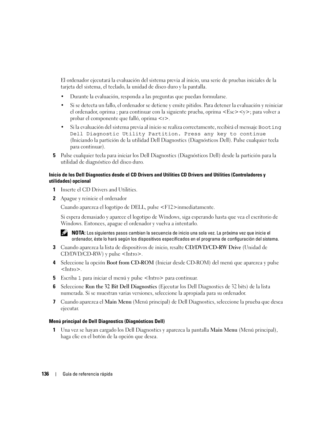 Dell ND492 manual Menú principal de Dell Diagnostics Diagnósticos Dell, 136 