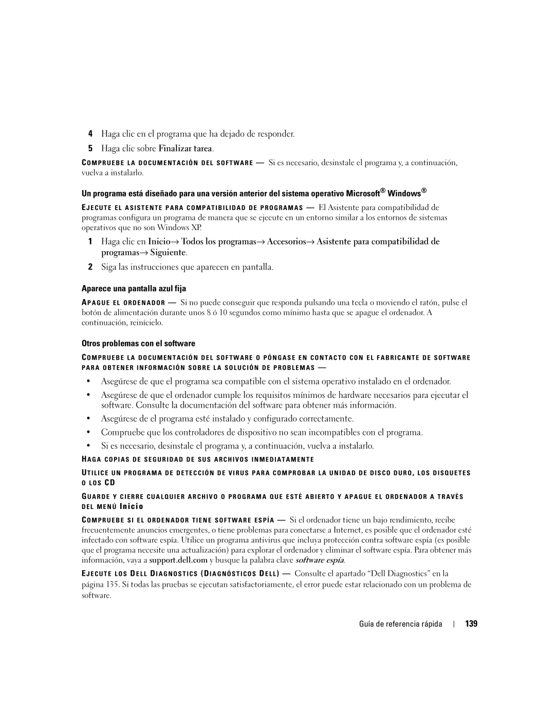 Dell ND492 manual Aparece una pantalla azul fija, Otros problemas con el software, 139 