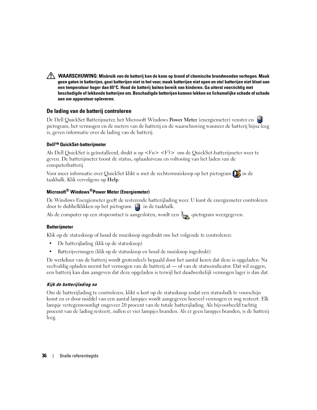 Dell ND492 De lading van de batterij controleren, Dell QuickSet-batterijmeter, Microsoft WindowsPower Meter Energiemeter 