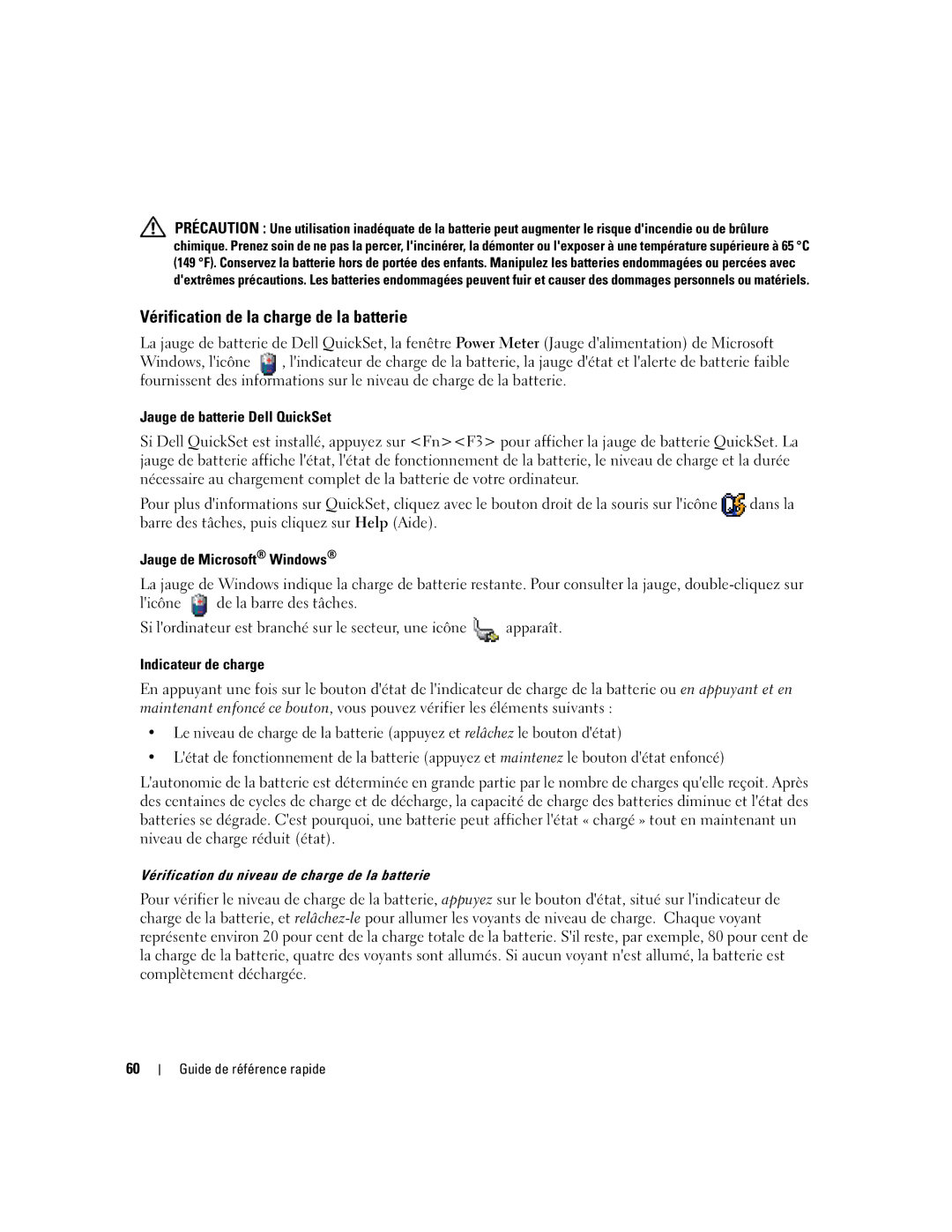 Dell ND492 manual Vérification de la charge de la batterie, Jauge de batterie Dell QuickSet, Jauge de Microsoft Windows 