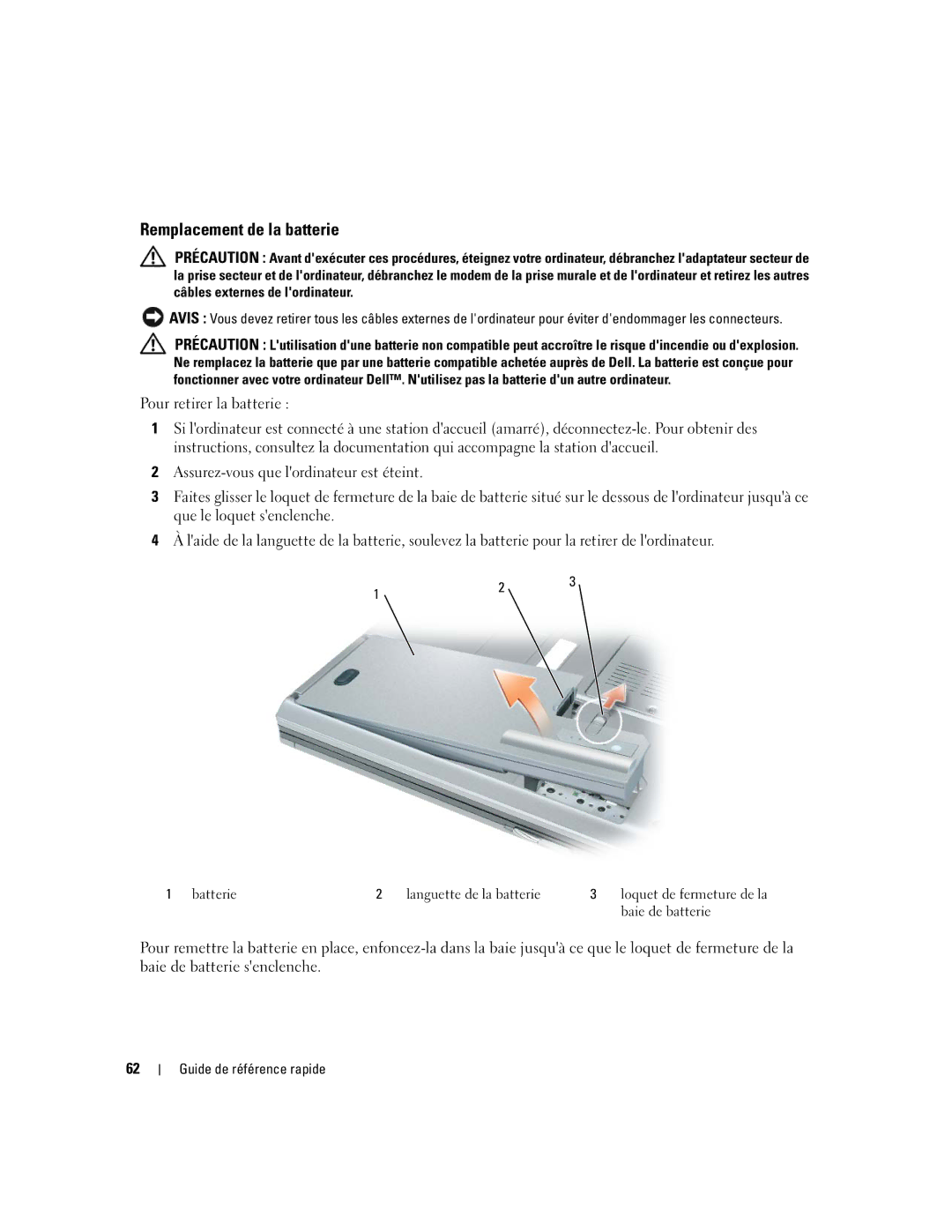 Dell ND492 manual Remplacement de la batterie 