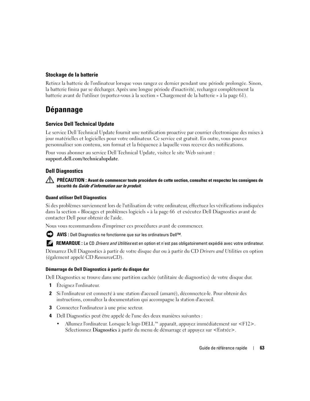 Dell ND492 manual Dépannage, Stockage de la batterie, Service Dell Technical Update, Quand utiliser Dell Diagnostics 