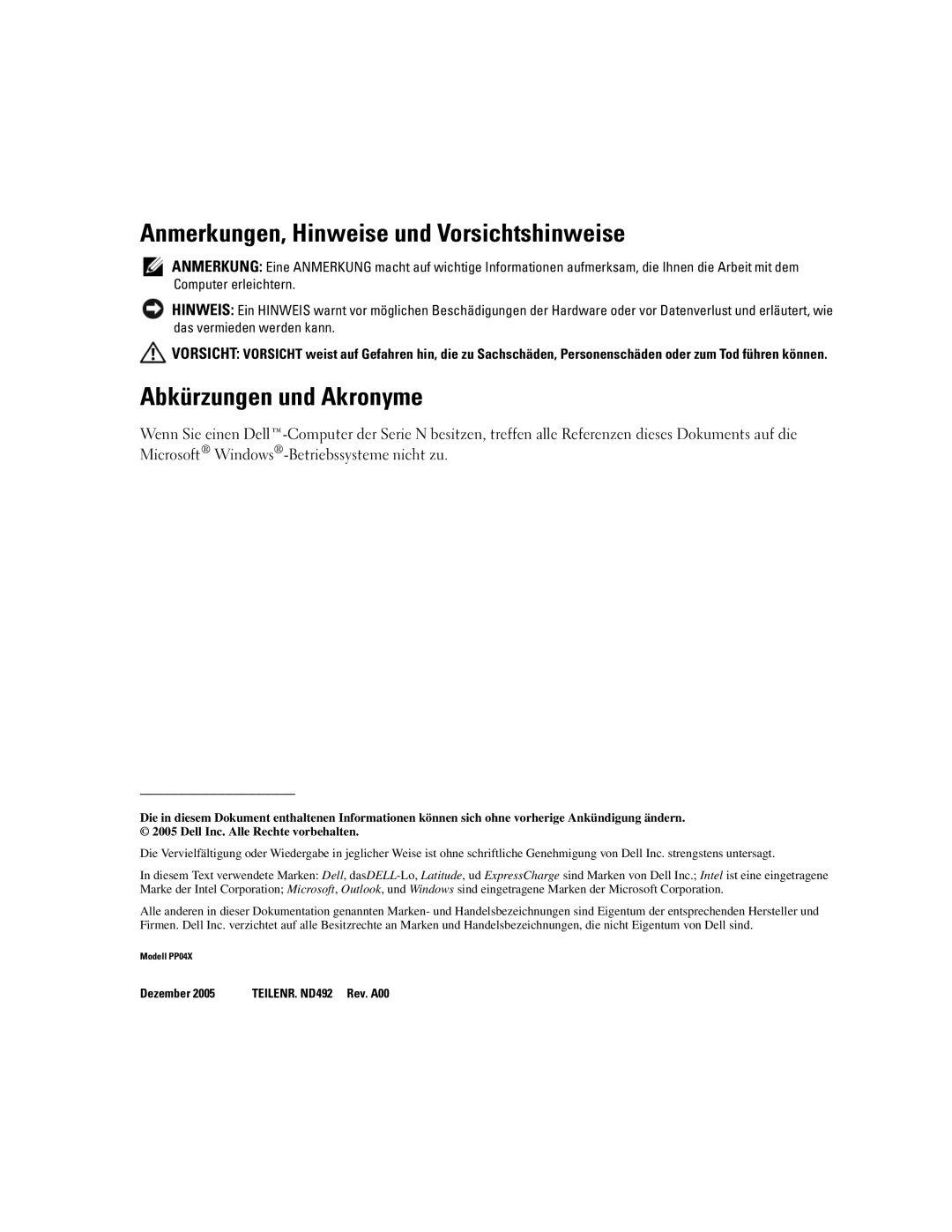 Dell ND492 manual Anmerkungen, Hinweise und Vorsichtshinweise, Abkürzungen und Akronyme 