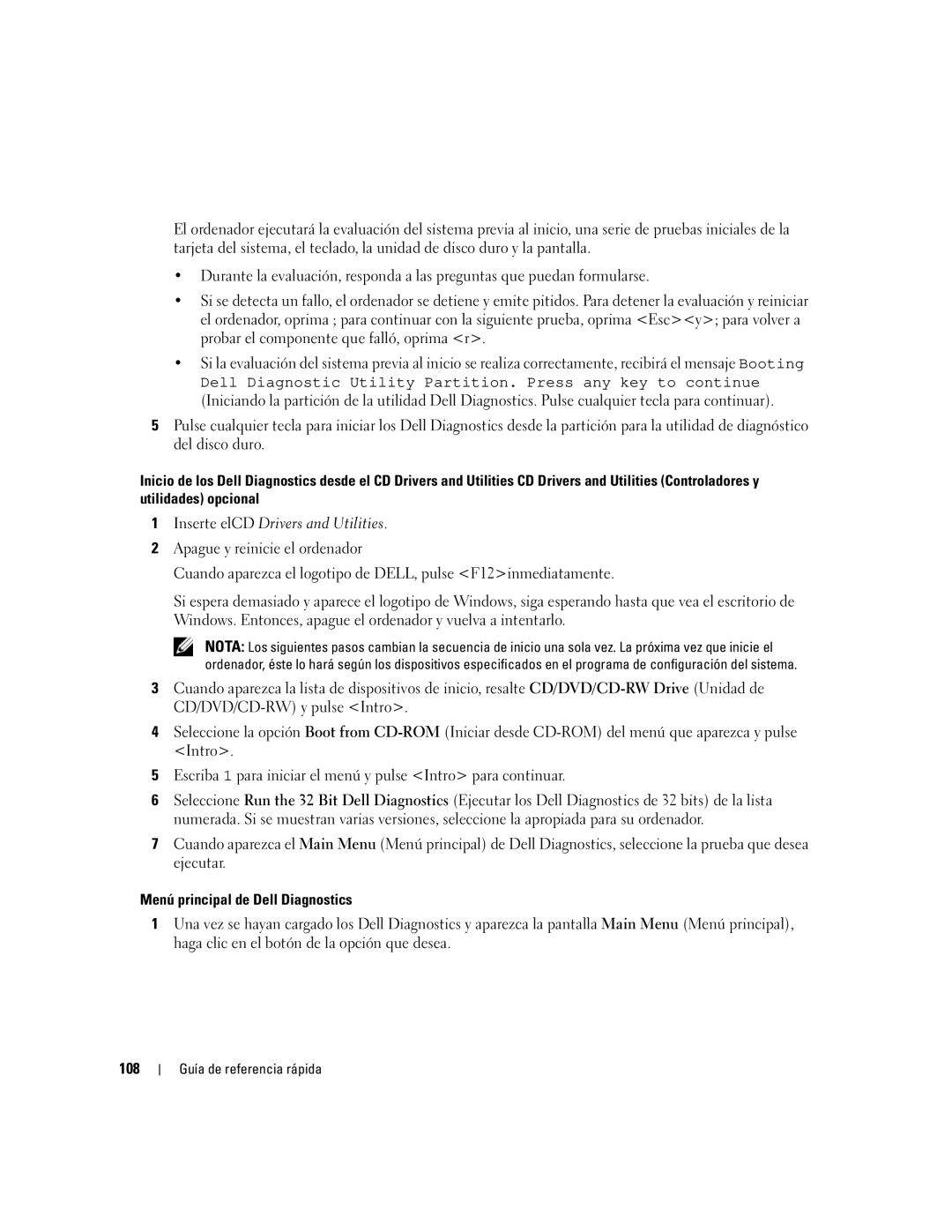 Dell ND660 manual Menú principal de Dell Diagnostics, 108 