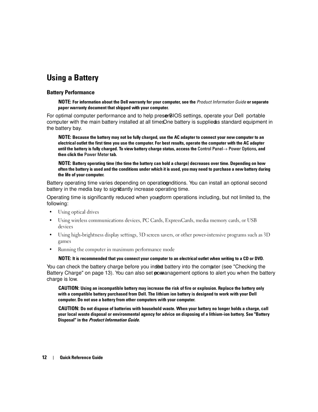 Dell ND660 manual Using a Battery, Battery Performance 