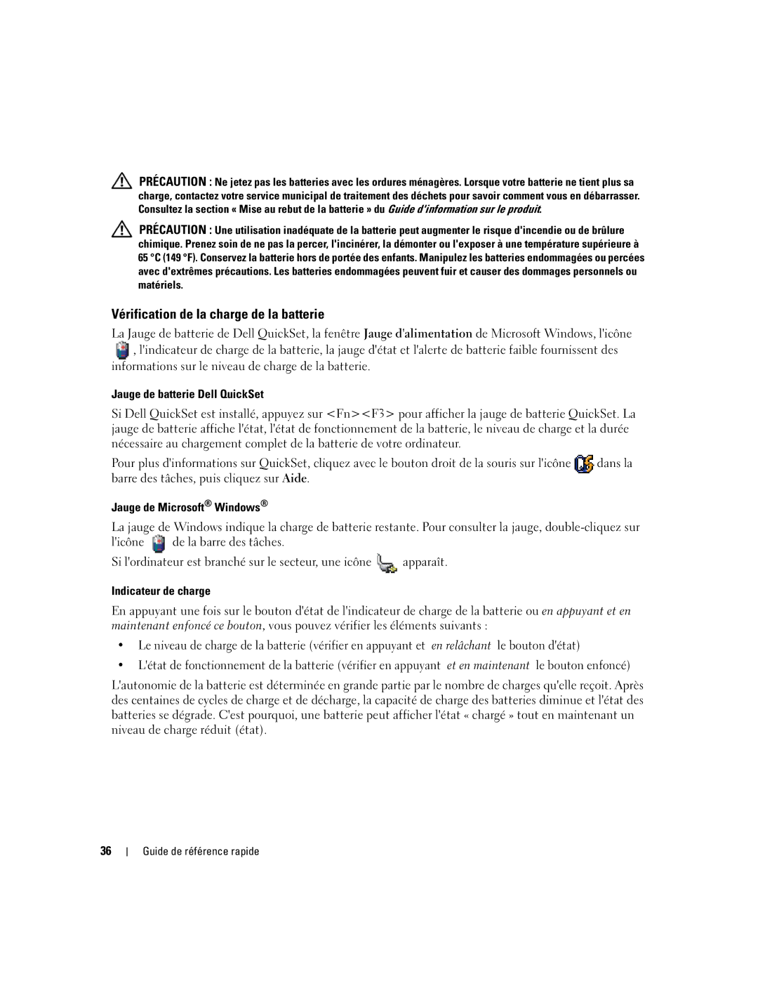 Dell ND660 manual Vérification de la charge de la batterie, Jauge de batterie Dell QuickSet, Jauge de Microsoft Windows 