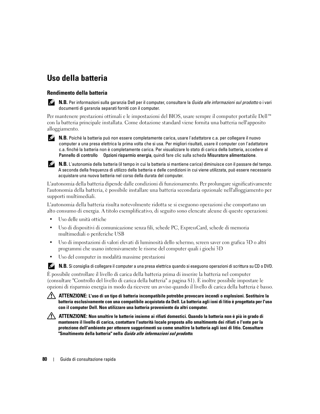 Dell ND660 manual Uso della batteria, Rendimento della batteria 