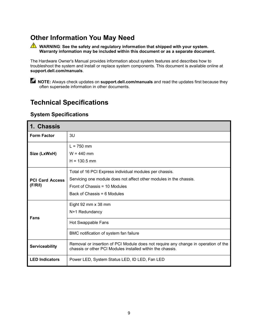 Dell NF0DD manual Other Information You May Need Technical Specifications, Chassis 