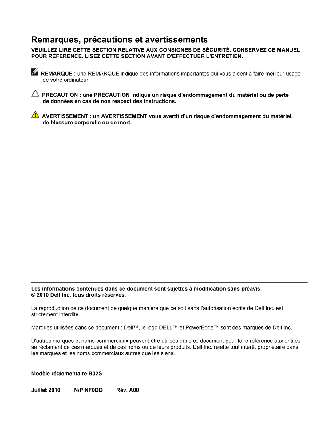 Dell NF0DD manual Remarques, précautions et avertissements 