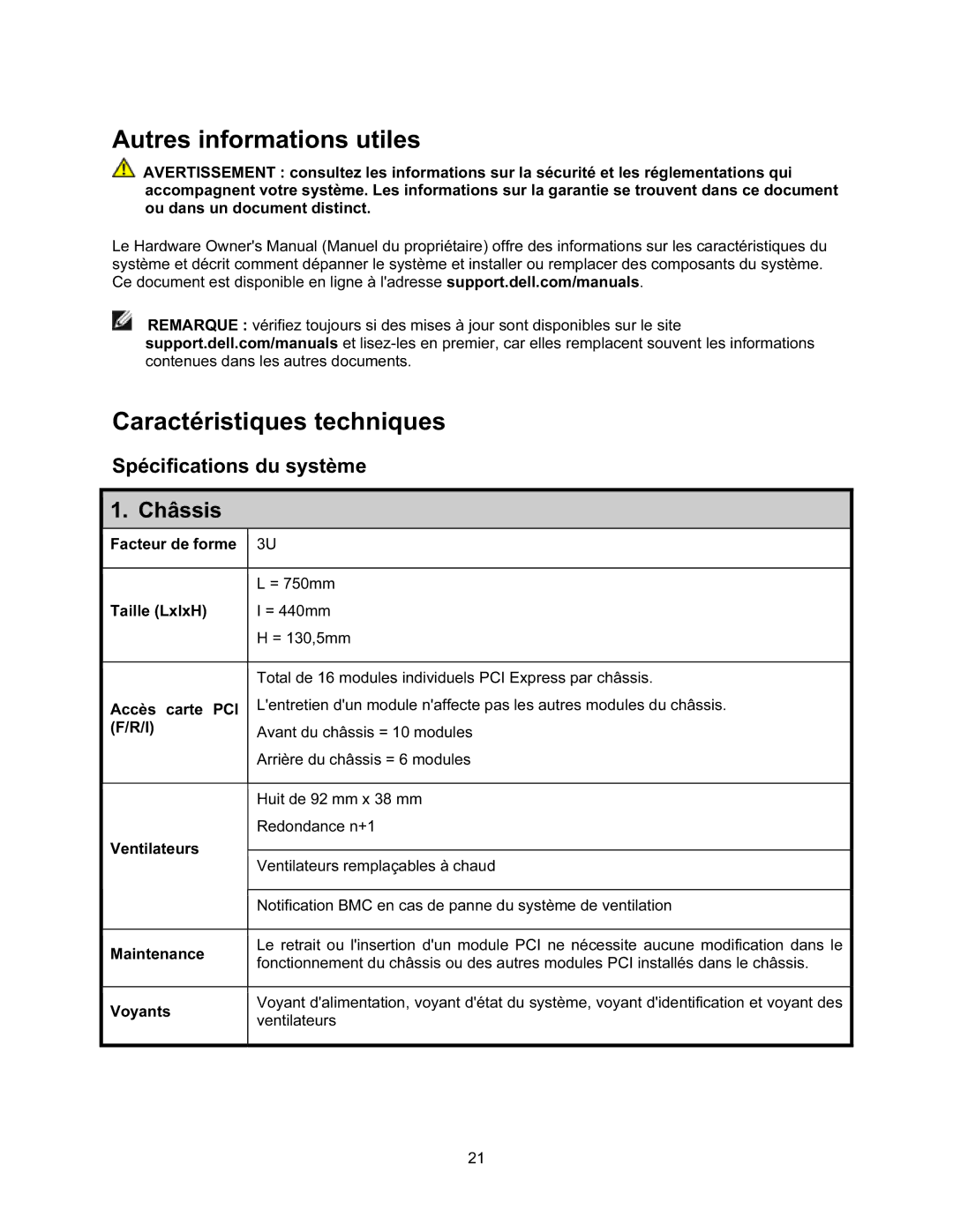 Dell NF0DD manual Autres informations utiles, Caractéristiques techniques, Châssis 