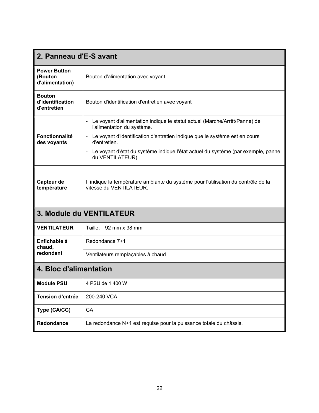 Dell NF0DD manual Panneau dE-S avant, Module du Ventilateur, Bloc dalimentation 