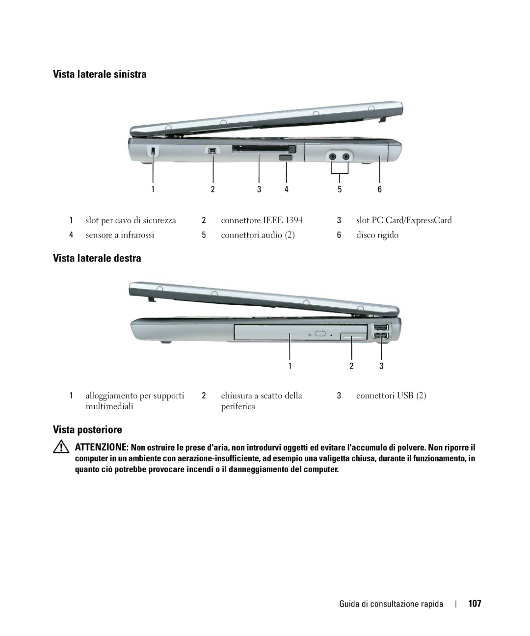 Dell NF161 manual Vista laterale sinistra, Vista laterale destra, Vista posteriore, 107 