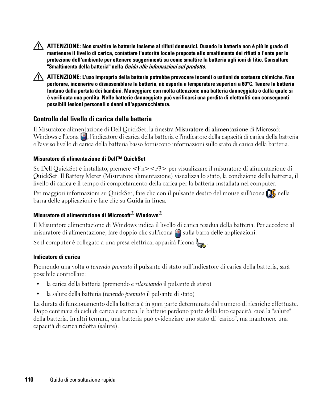 Dell NF161 manual Controllo del livello di carica della batteria, Misuratore di alimentazione di Dell QuickSet, 110 