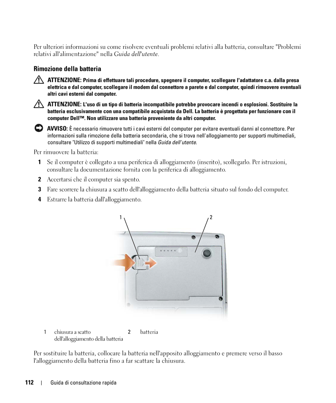 Dell NF161 manual Rimozione della batteria, 112 