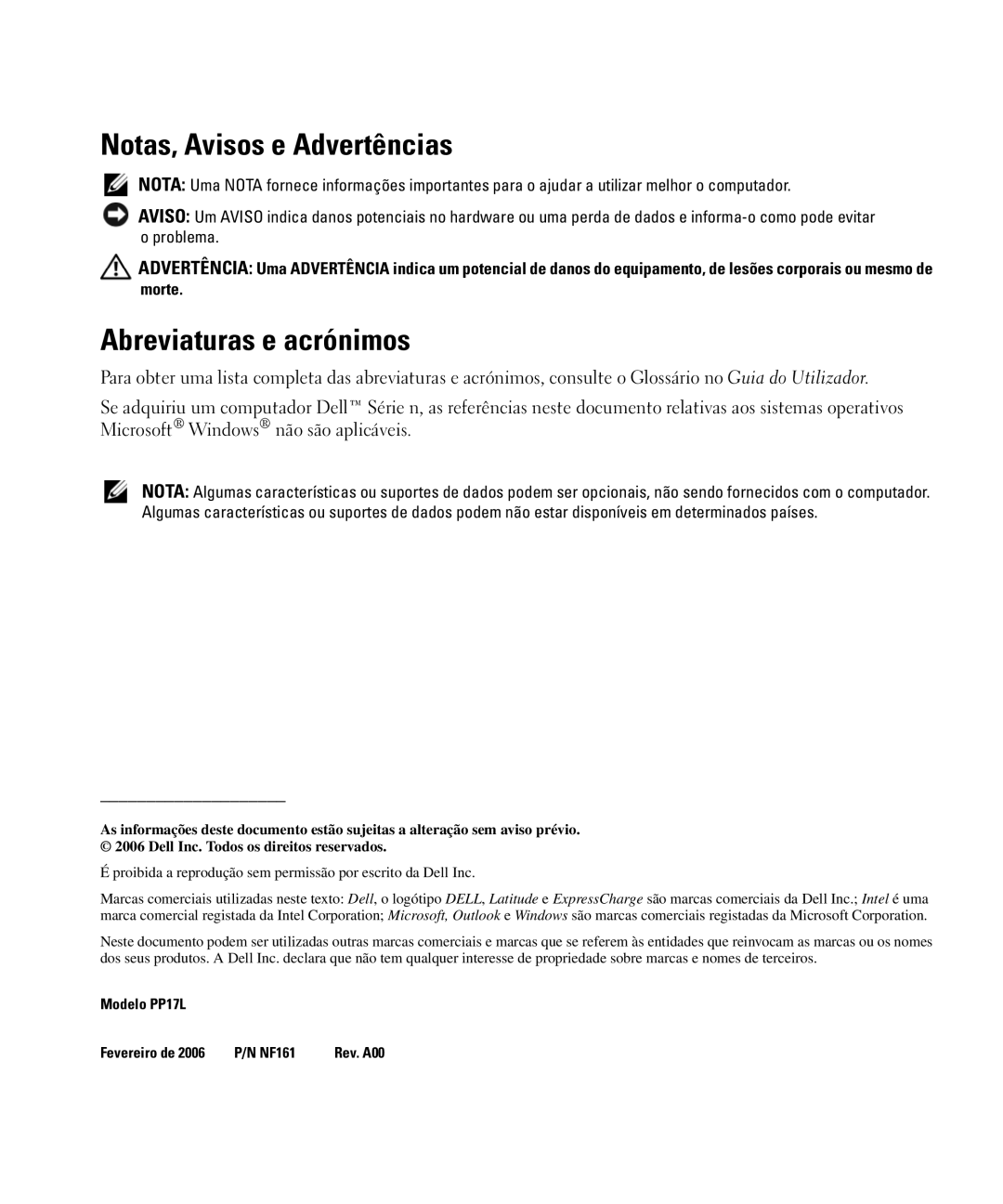 Dell NF161 manual Notas, Avisos e Advertências, Abreviaturas e acrónimos 