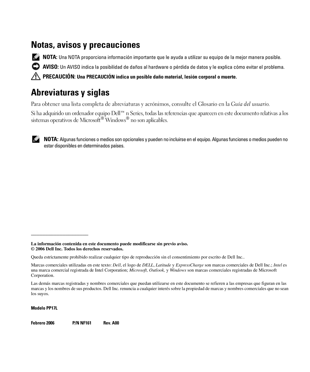 Dell NF161 manual Notas, avisos y precauciones, Abreviaturas y siglas 