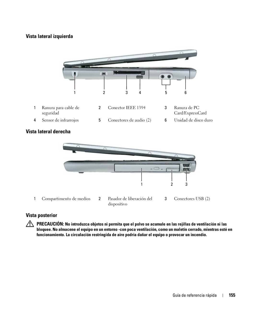Dell NF161 manual Vista lateral izquierda, Vista lateral derecha, 155 