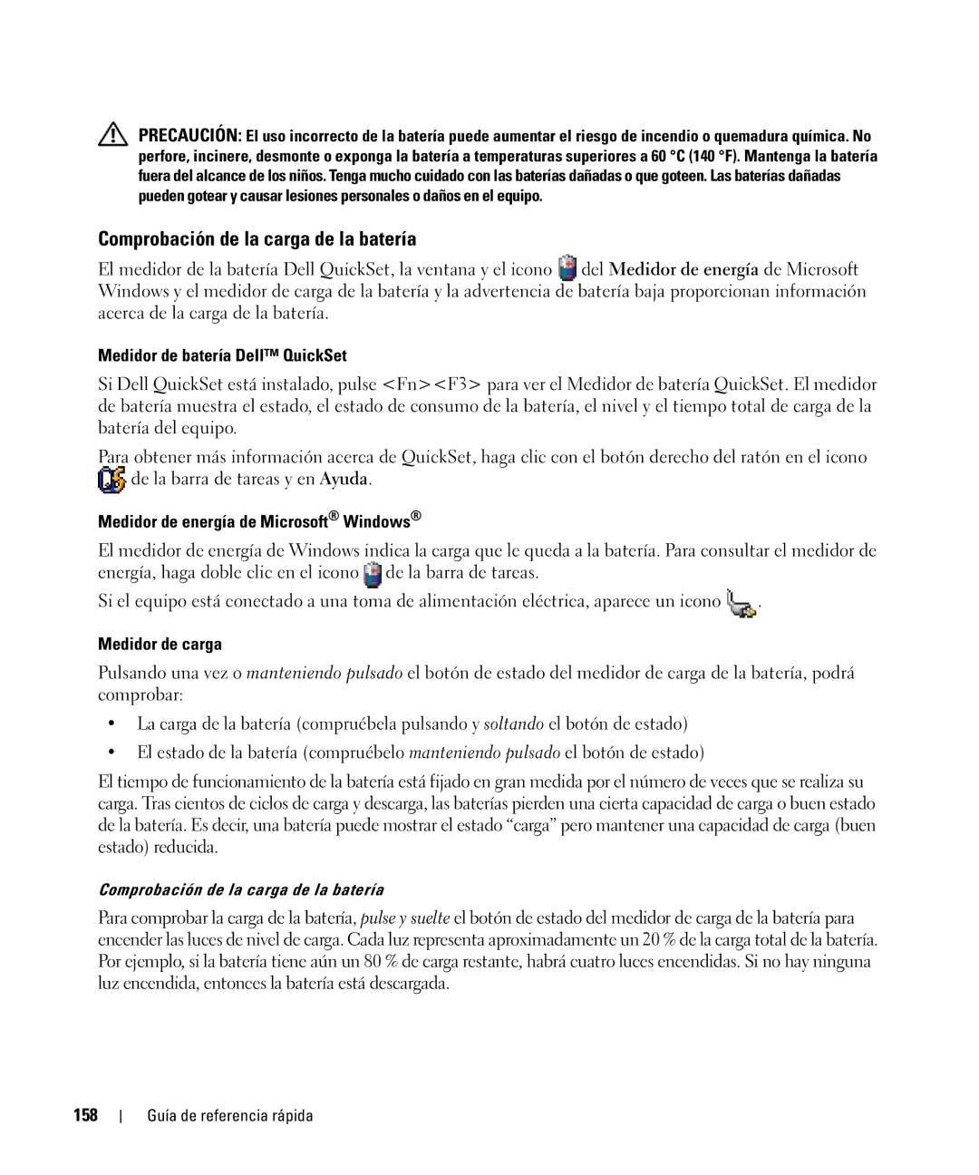 Dell NF161 manual Comprobación de la carga de la batería, Medidor de batería Dell QuickSet, Medidor de carga, 158 