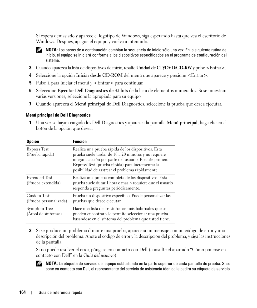 Dell NF161 manual Menú principal de Dell Diagnostics, 164, Opción Función 