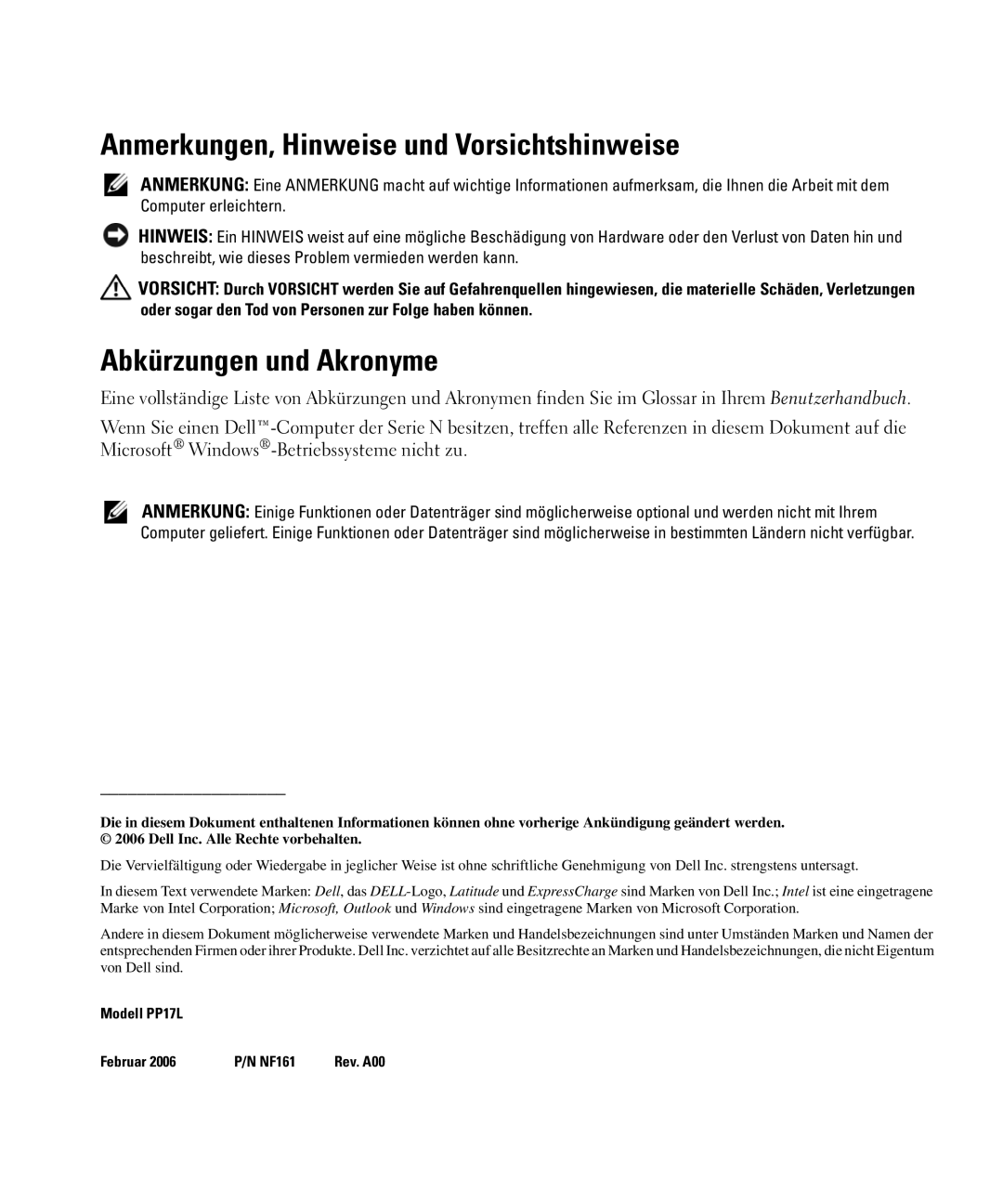 Dell NF161 manual Anmerkungen, Hinweise und Vorsichtshinweise, Abkürzungen und Akronyme 