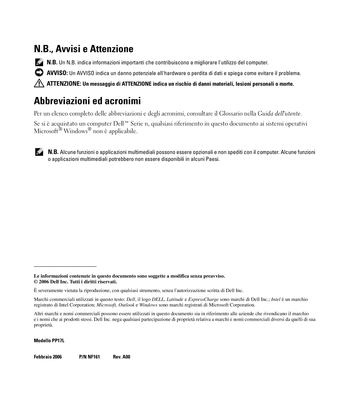 Dell NF161 manual Avvisi e Attenzione, Abbreviazioni ed acronimi 