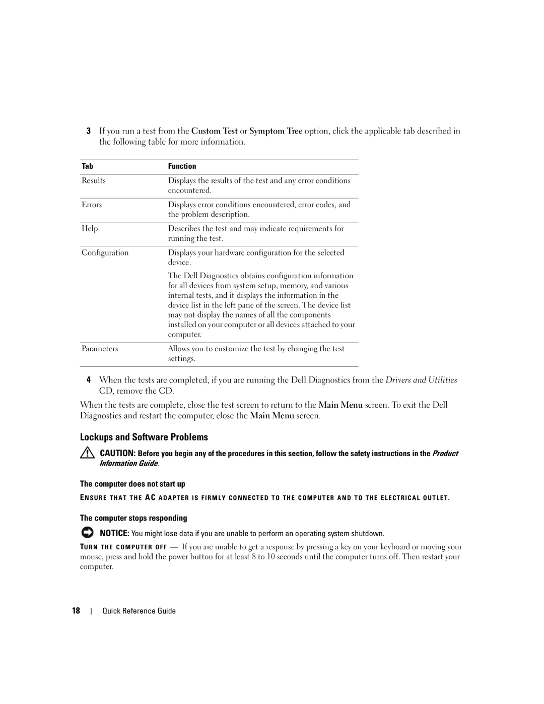 Dell NH424 manual Lockups and Software Problems, Computer does not start up, Computer stops responding, Tab Function 