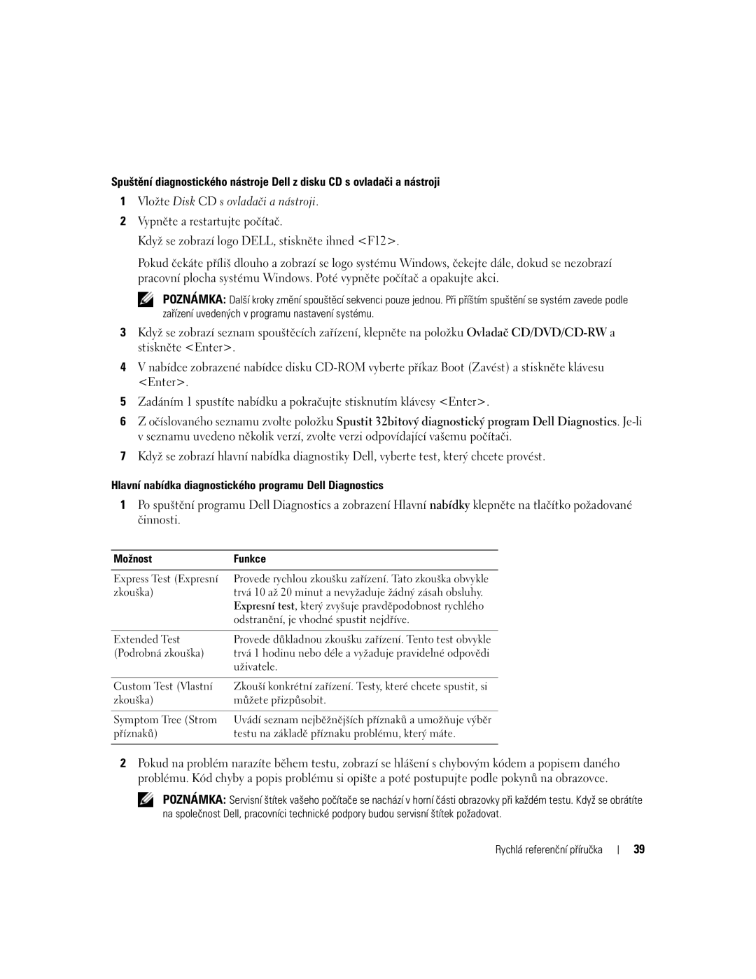 Dell NH424 manual Hlavní nabídka diagnostického programu Dell Diagnostics, Možnost Funkce 